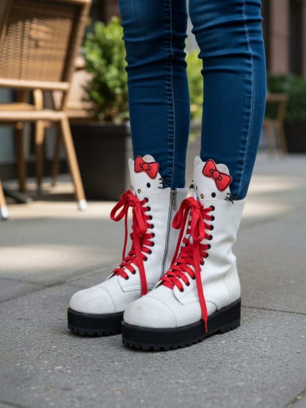 Dolls Kill Boots 6 Womens White Hello Kitty Synthetic Combat Round Toe Low Solid